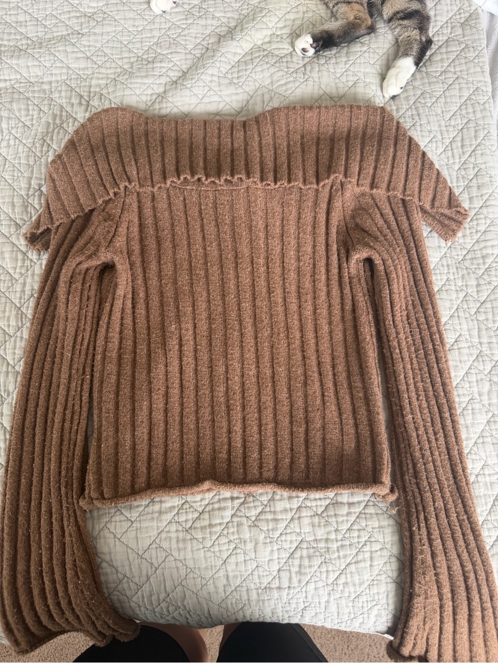 Pink Rose Brown Ribbed Off-Shoulder Sweater - Picture 2 of 3